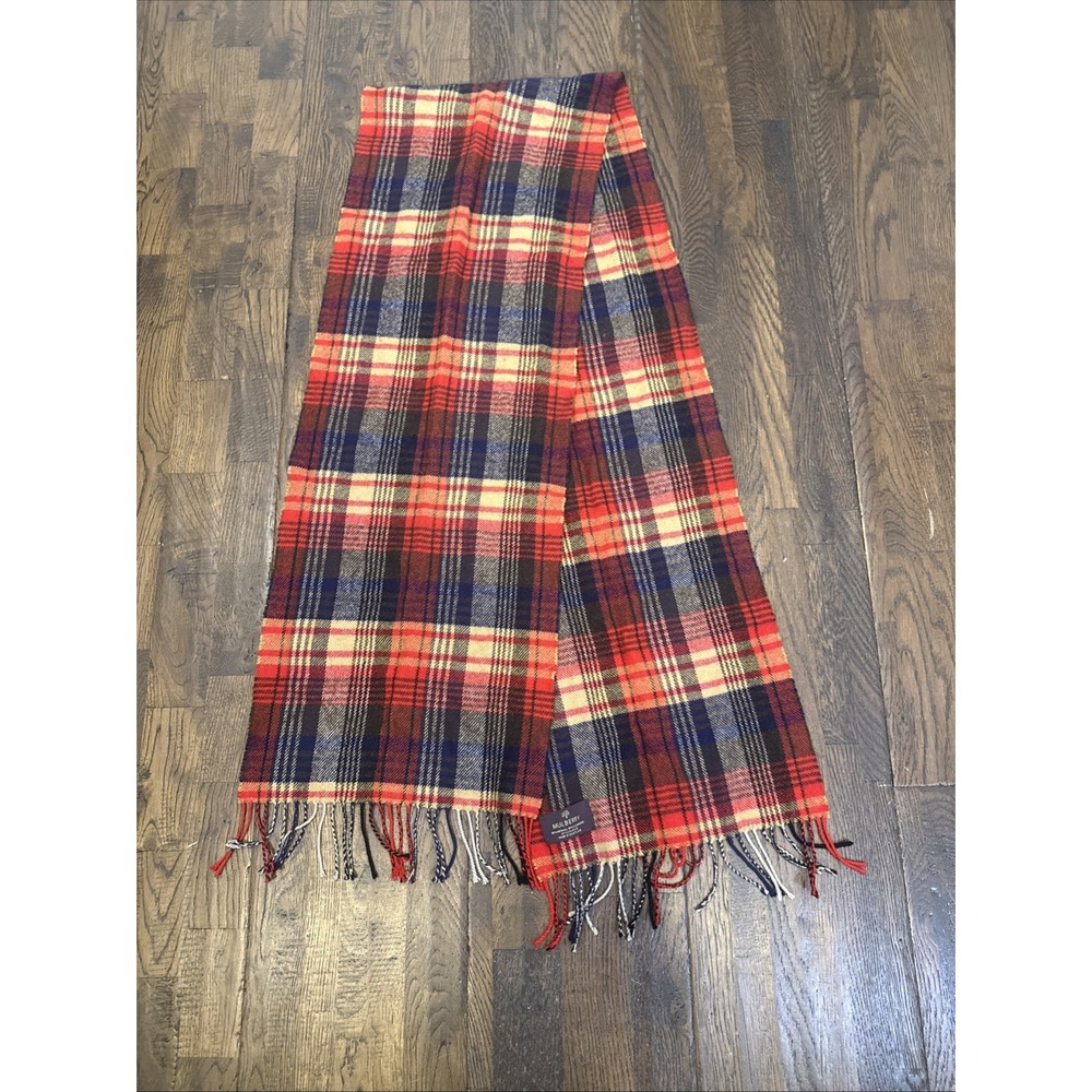 Vintage Mulberry Red Check Scarf 90% Merino 10% Cashmere 12x64 Wool Blend EUC